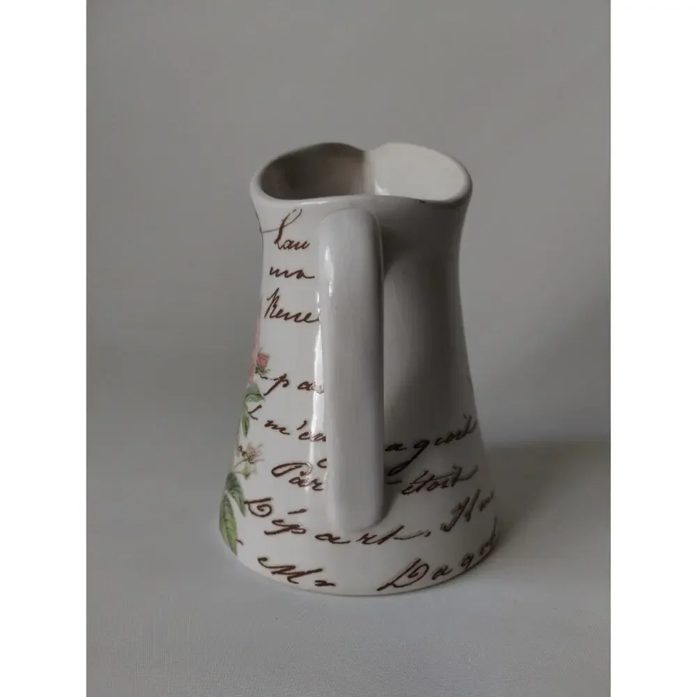 Teleflora Paris Rose Ceramic Pitcher Vase French Script Floral Shabby Chic